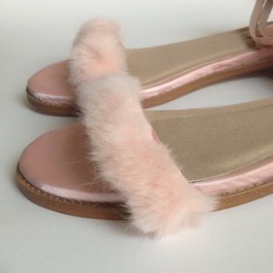 Pastel Pink Furry Faux Fur Ankle Strap Flat Sandal